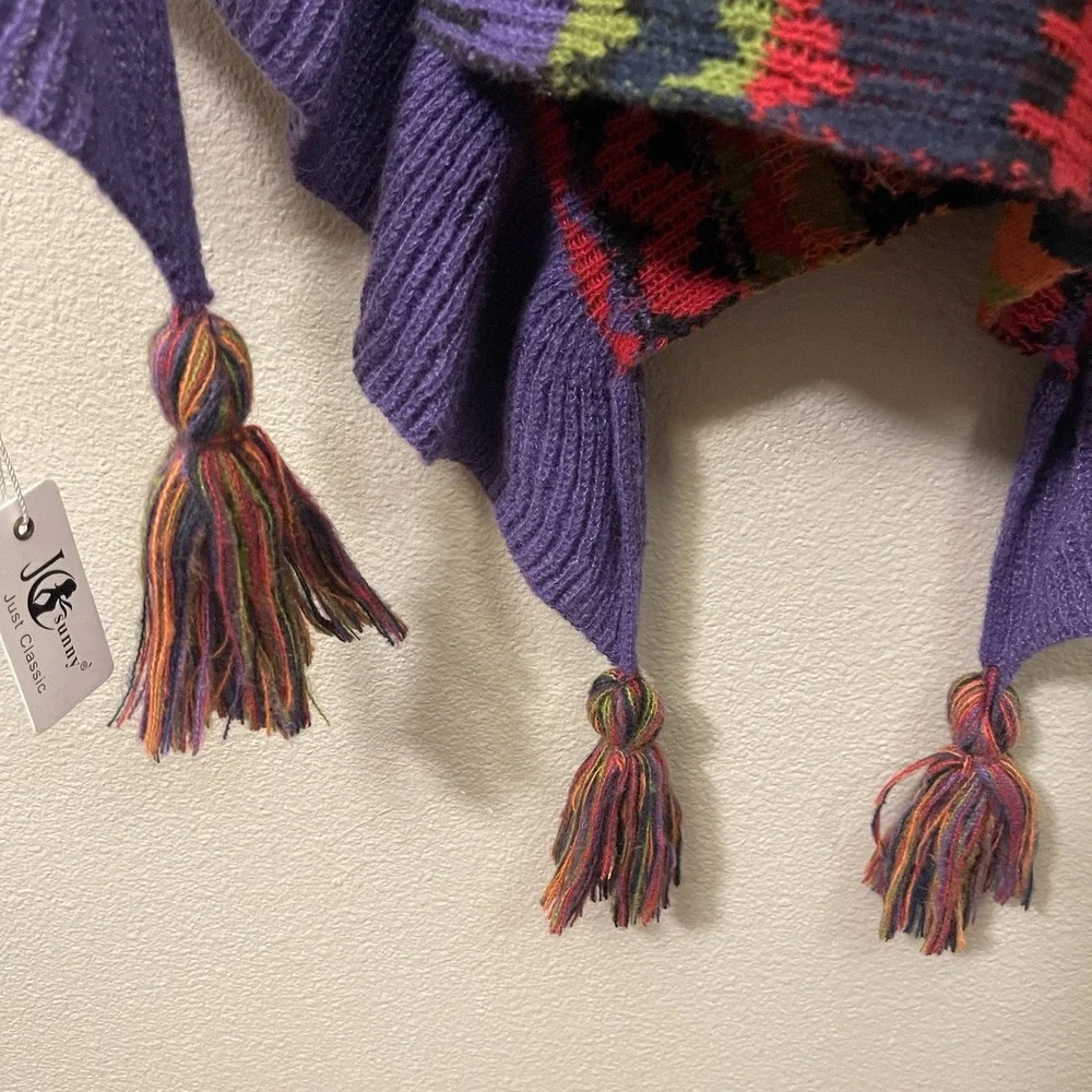 NEW JC Sunny Maximalist Boho Poncho Shawl Wrap Tassels Ruffles Colorful Ethnic